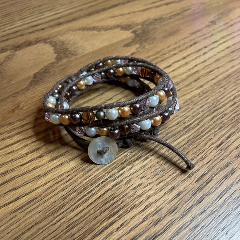 Premier Designs Wrap Bracelet w/ brown, pink, gold - excellent condition - NWOT